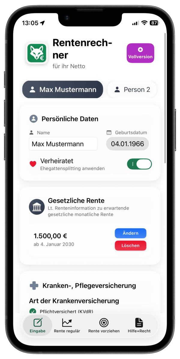 JetztInRente Rentenrechner Eingabemaske